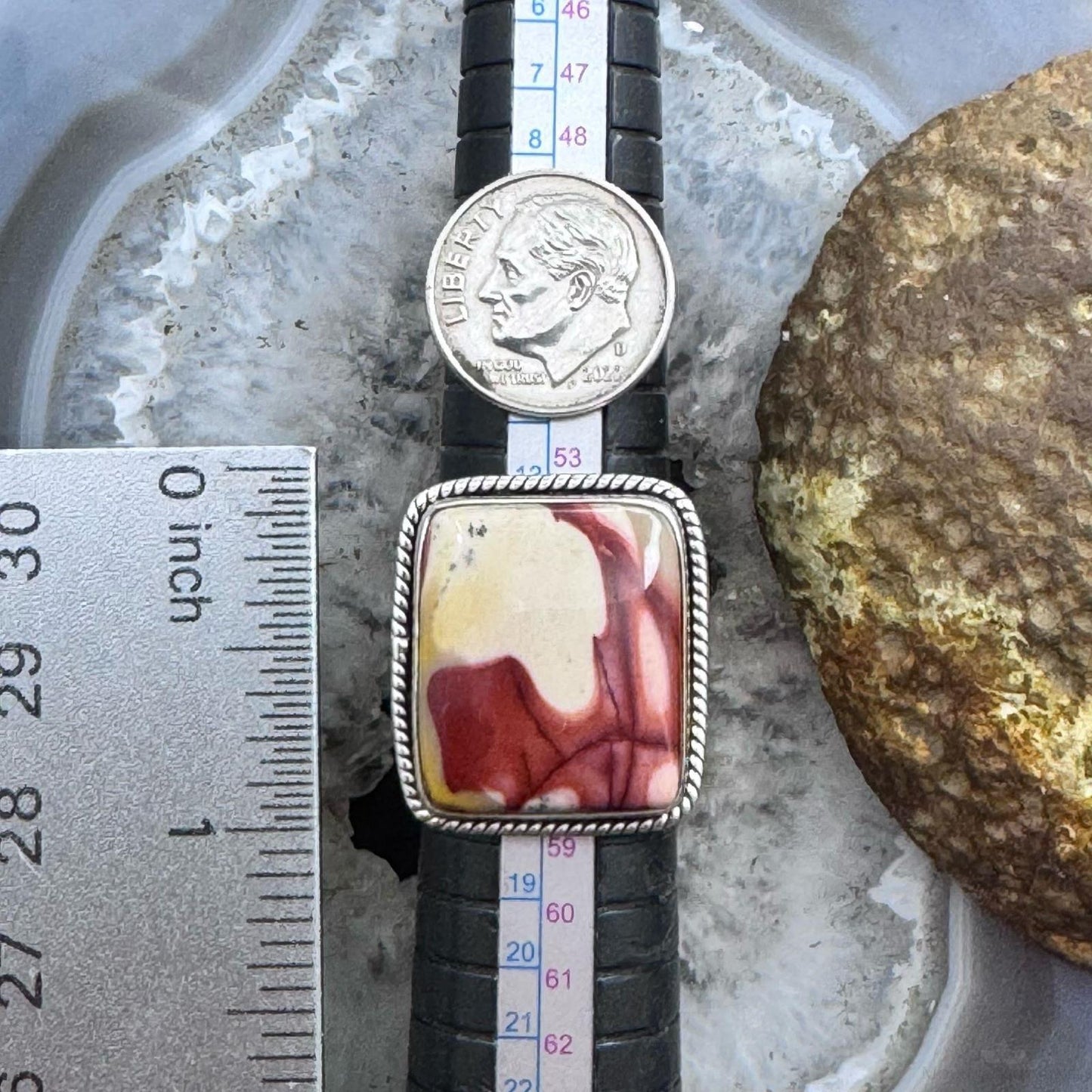 Sterling Silver Southwestern Style Mookaite Jasper Decorated Bar Ring Size 7.75 For Women