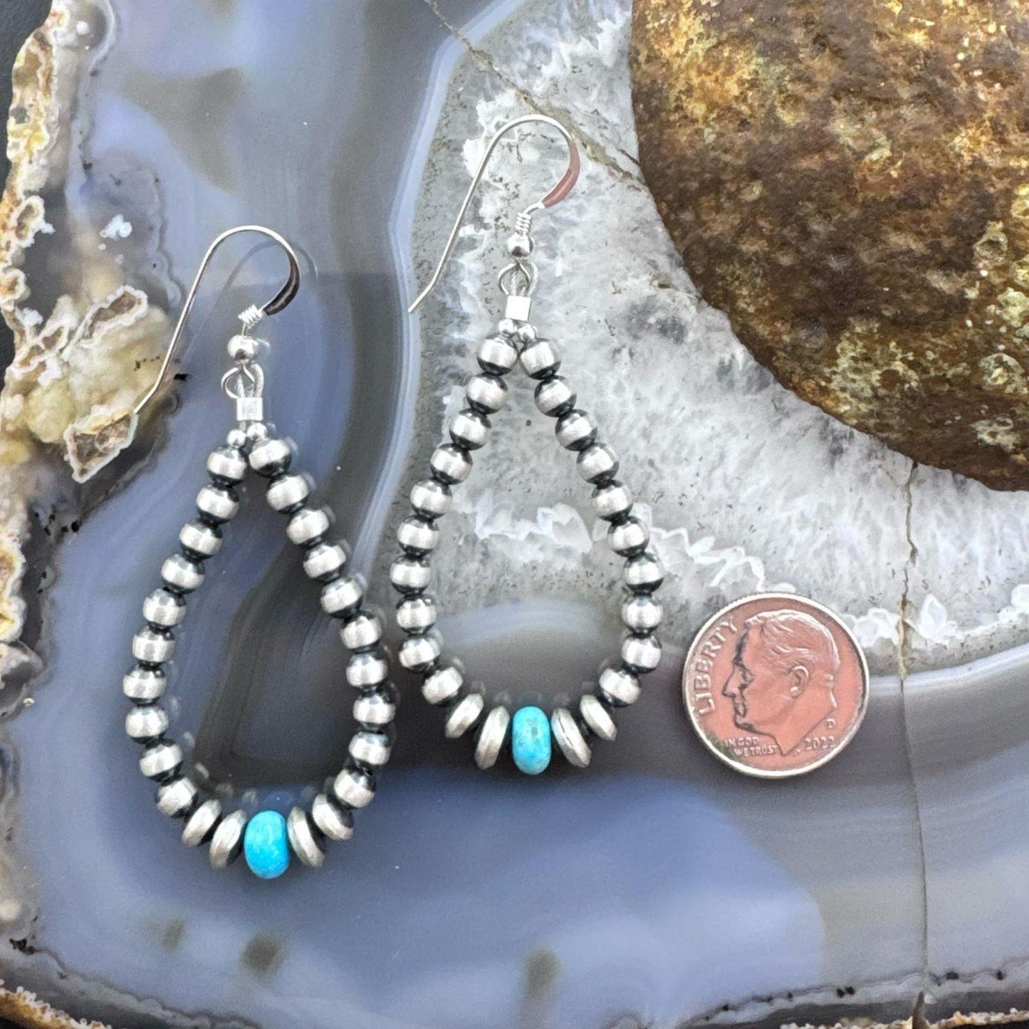 Native American Sterling Silver 3-5mm Navajo Pearl &Turquoise Earrings For Women