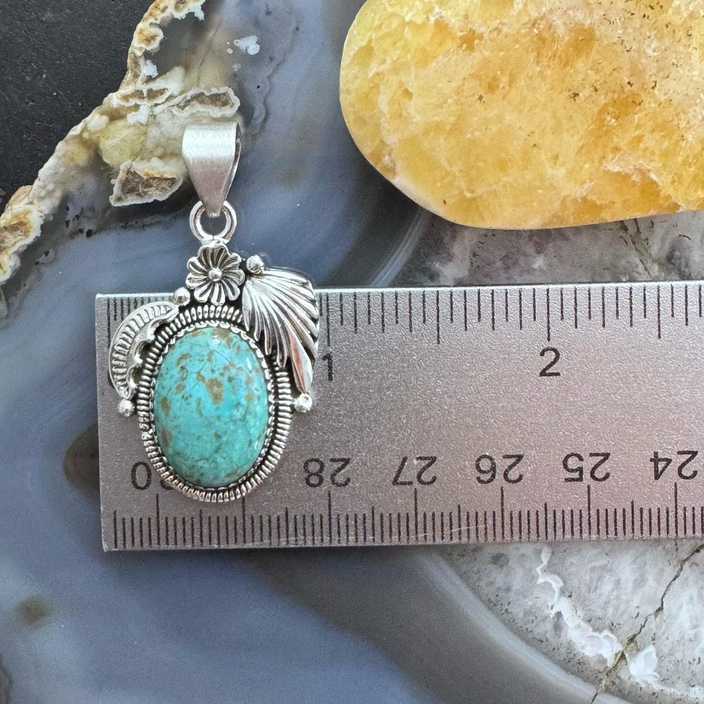 Sterling Silver Southwestern Style Oval Turquoise Leaves Decorated Pendant For Women