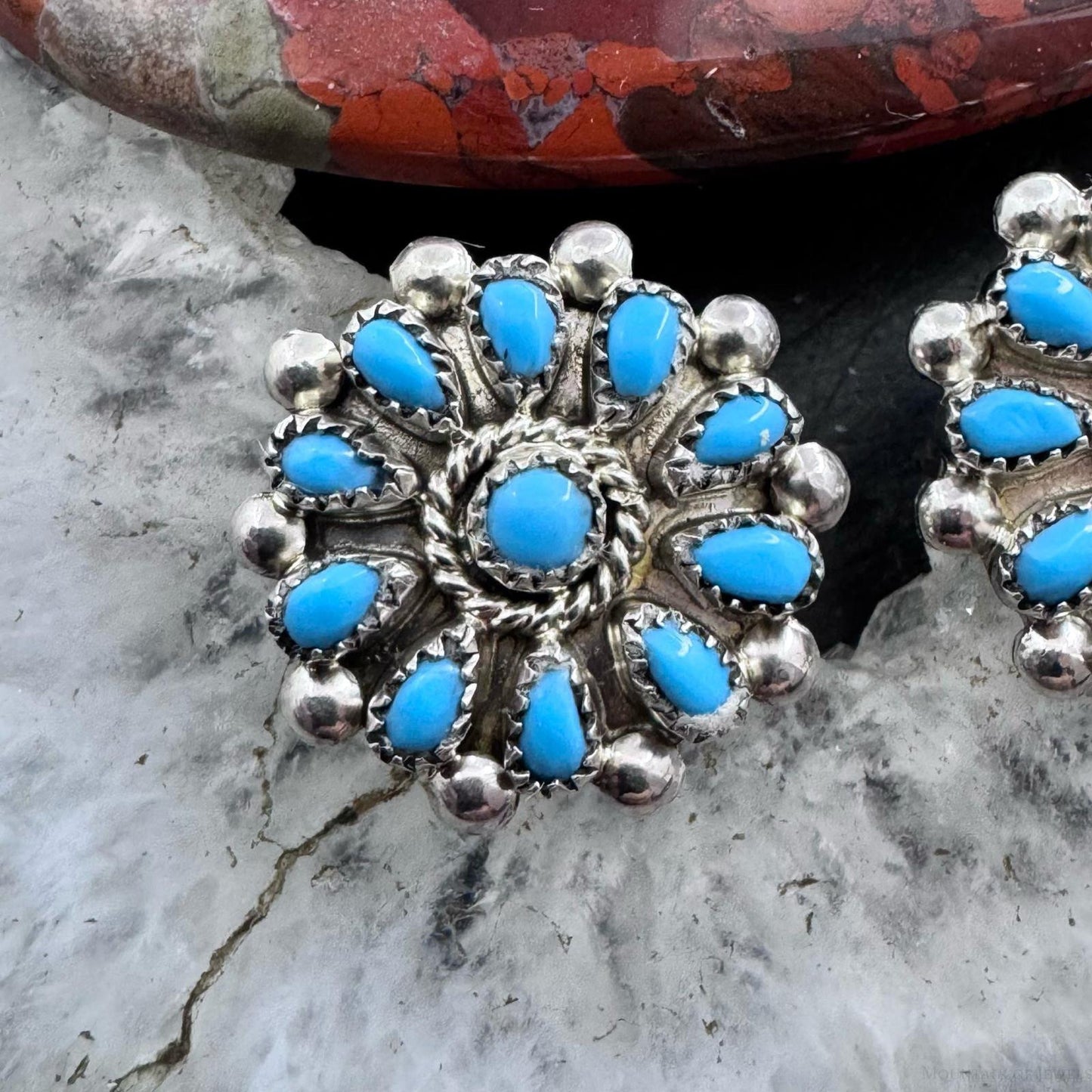 Native American Sterling Silver Turquoise Cluster Stud Earrings For Women