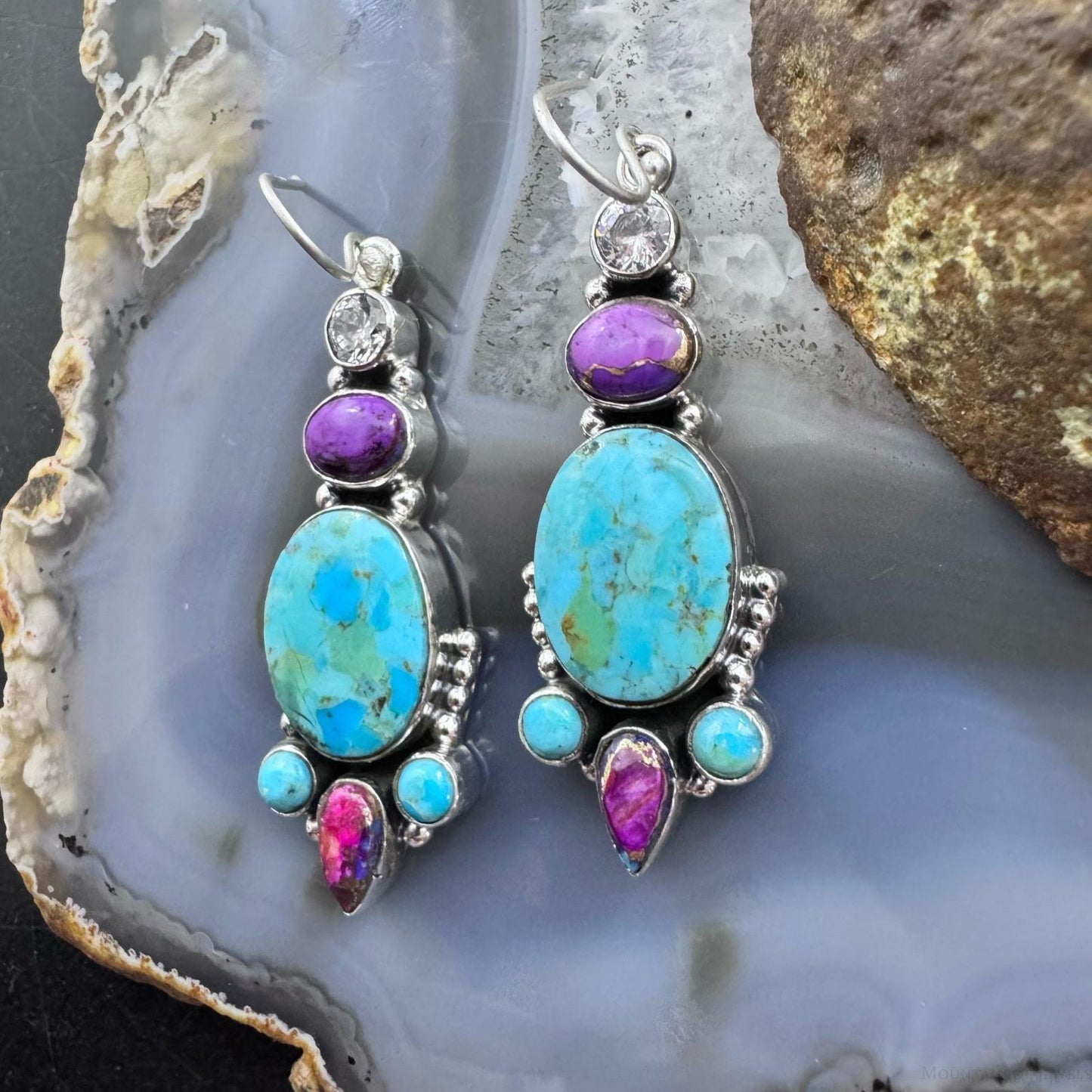 Sterling Silver Southwestern Style Turquoise,Purple Dahlia & CZ Dangle Earrings for Women