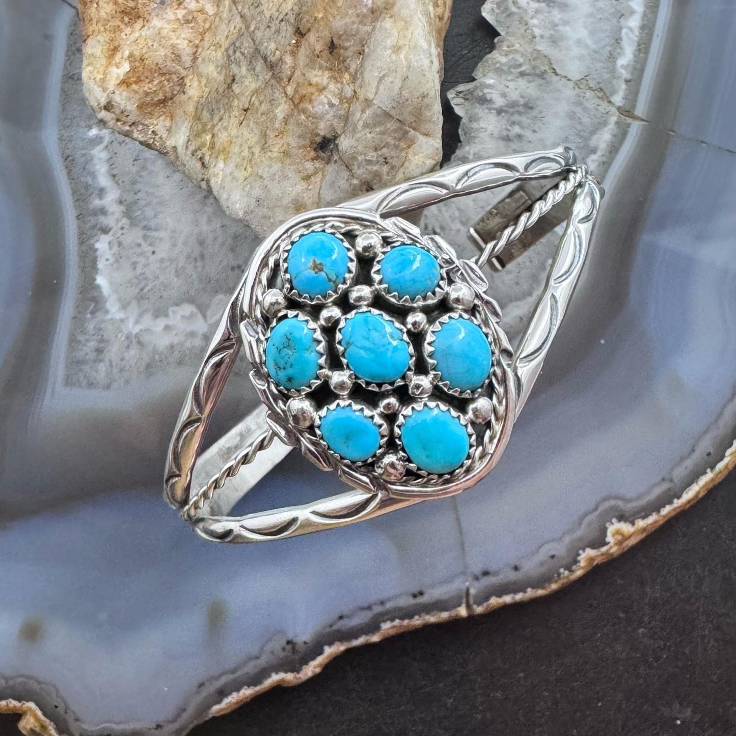 Melvin Chee Native American Sterling Silver KingmanTurquoise Cluster Bracelet For Women