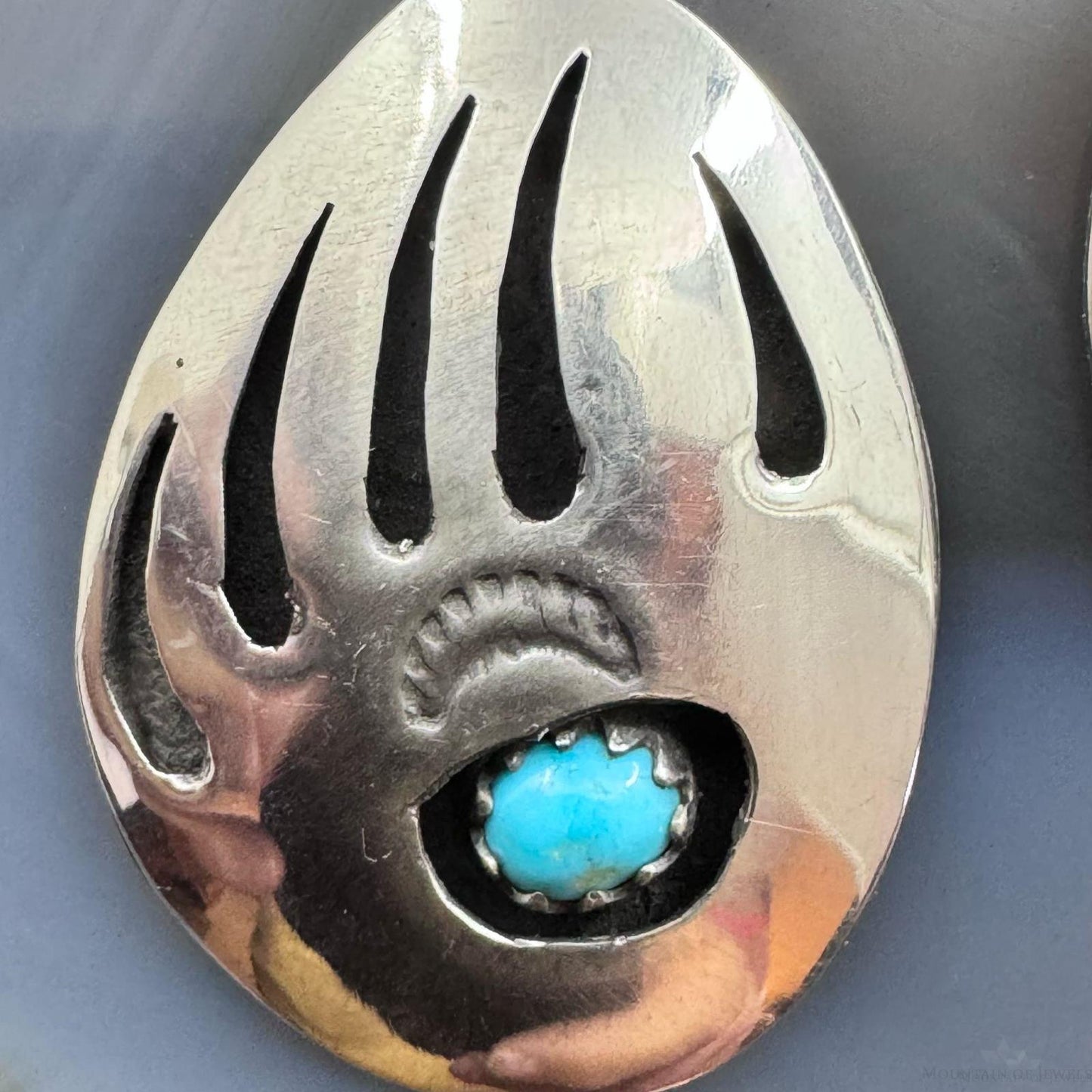 Native American Sterling Silver Bear Claw w/Turquoise Dangle Earrings For Women