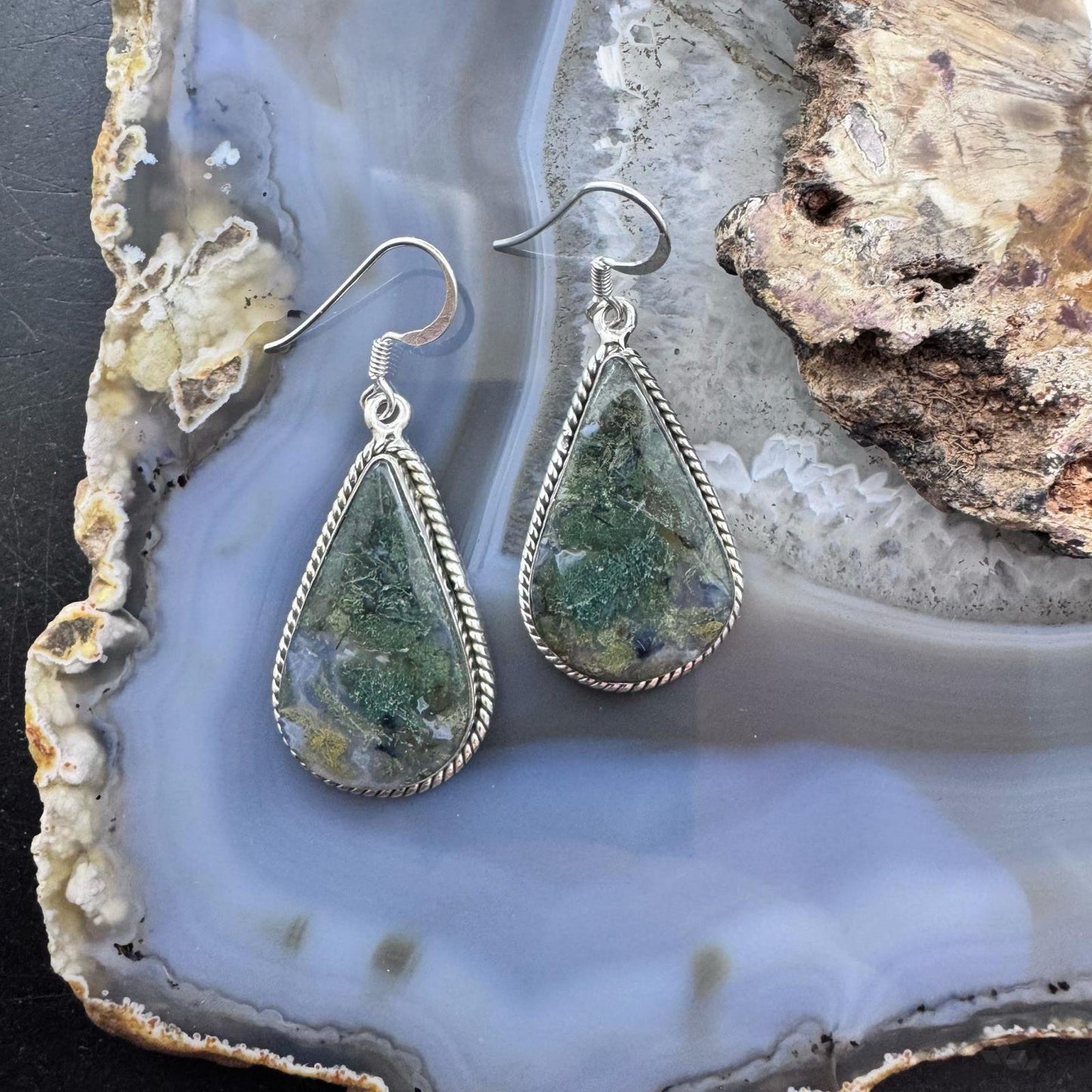 Sterling Silver Southwestern Style Teardrop Moss Agate Dangle Earrings For Women