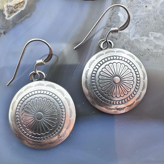 Native American Sterling Silver Stamped Rounded Concho Dangle Earrings For Women