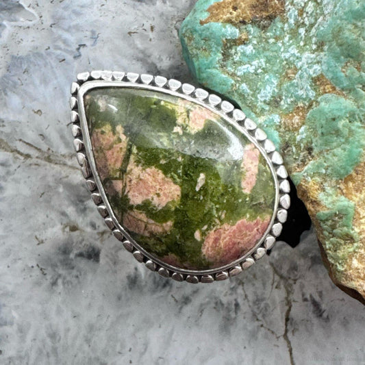 Sterling Silver Southwestern Style Teardrop Unakite Jasper Decorated Ring Size 8 For Women