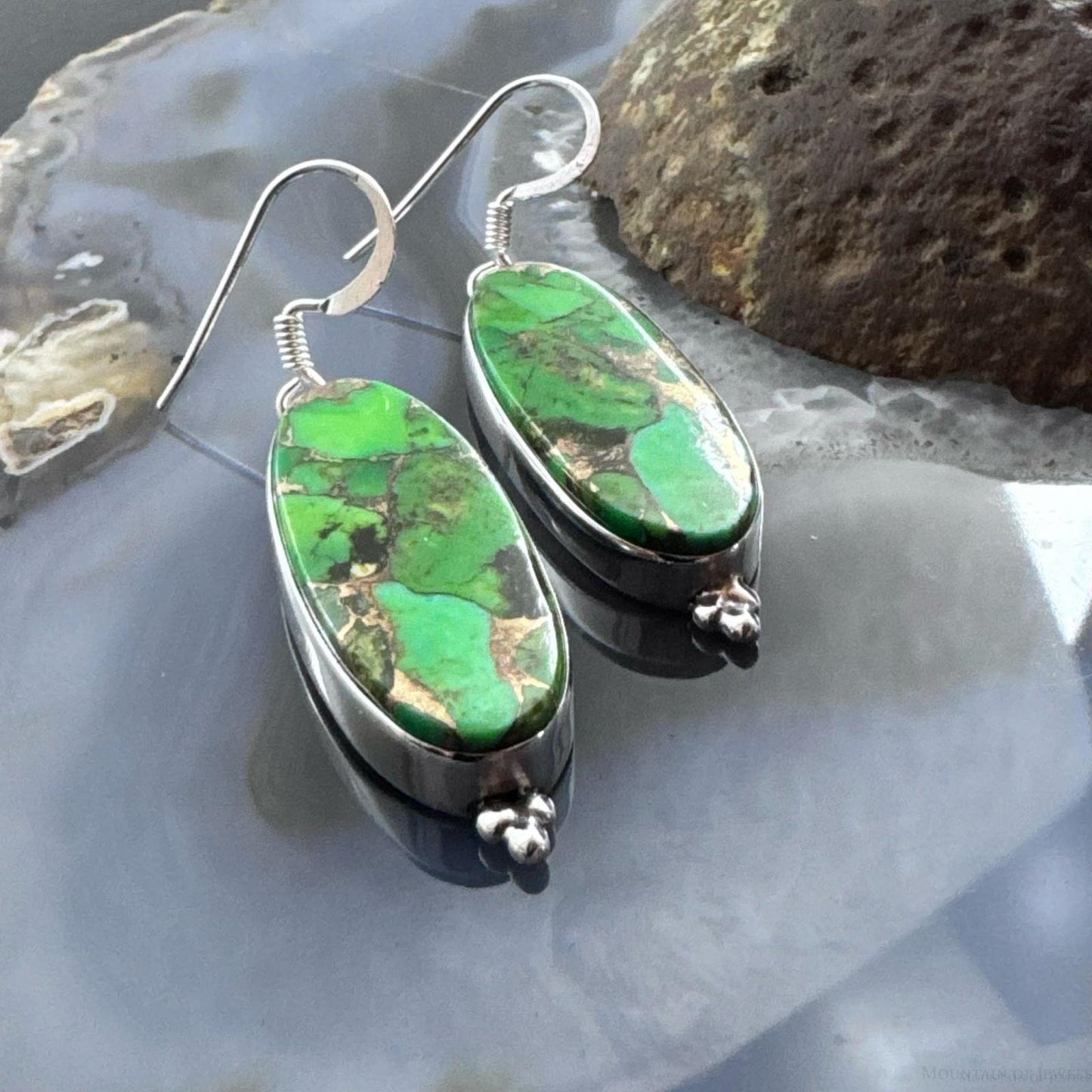 Sterling Silver Southwestern Style Elongated Oval Green Copper Turquoise Dangle Earrings For Women