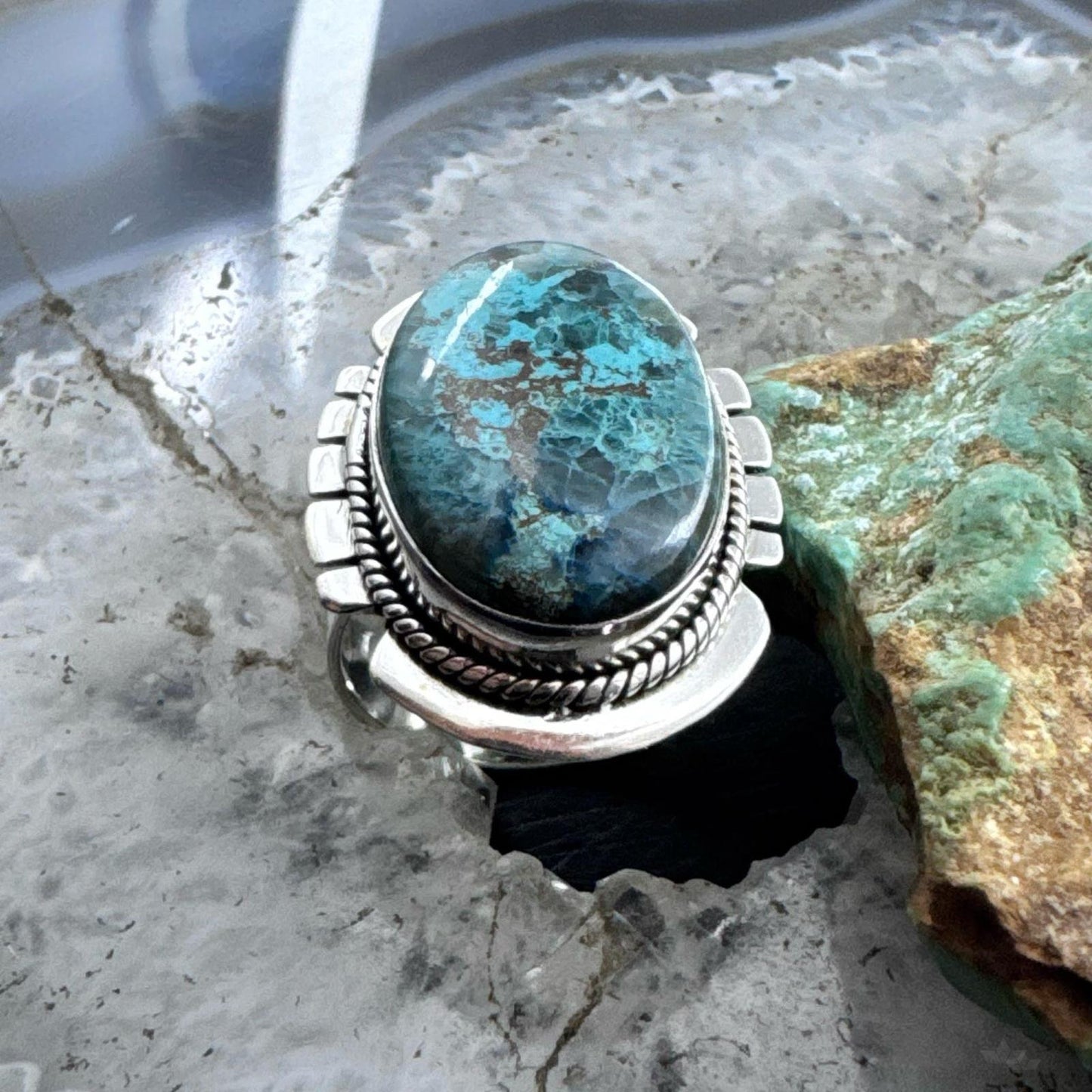 Sterling Silver Southwestern Style Oval Shattuckite Ring Size 7.75 For Women