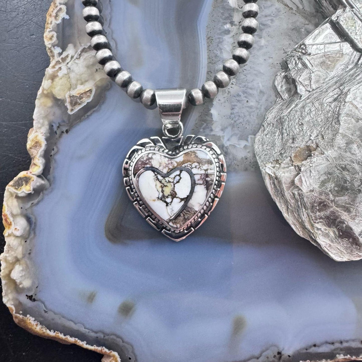 Native American Sterling Silver Wild Horse Decorated Double Heart Pendant For Women