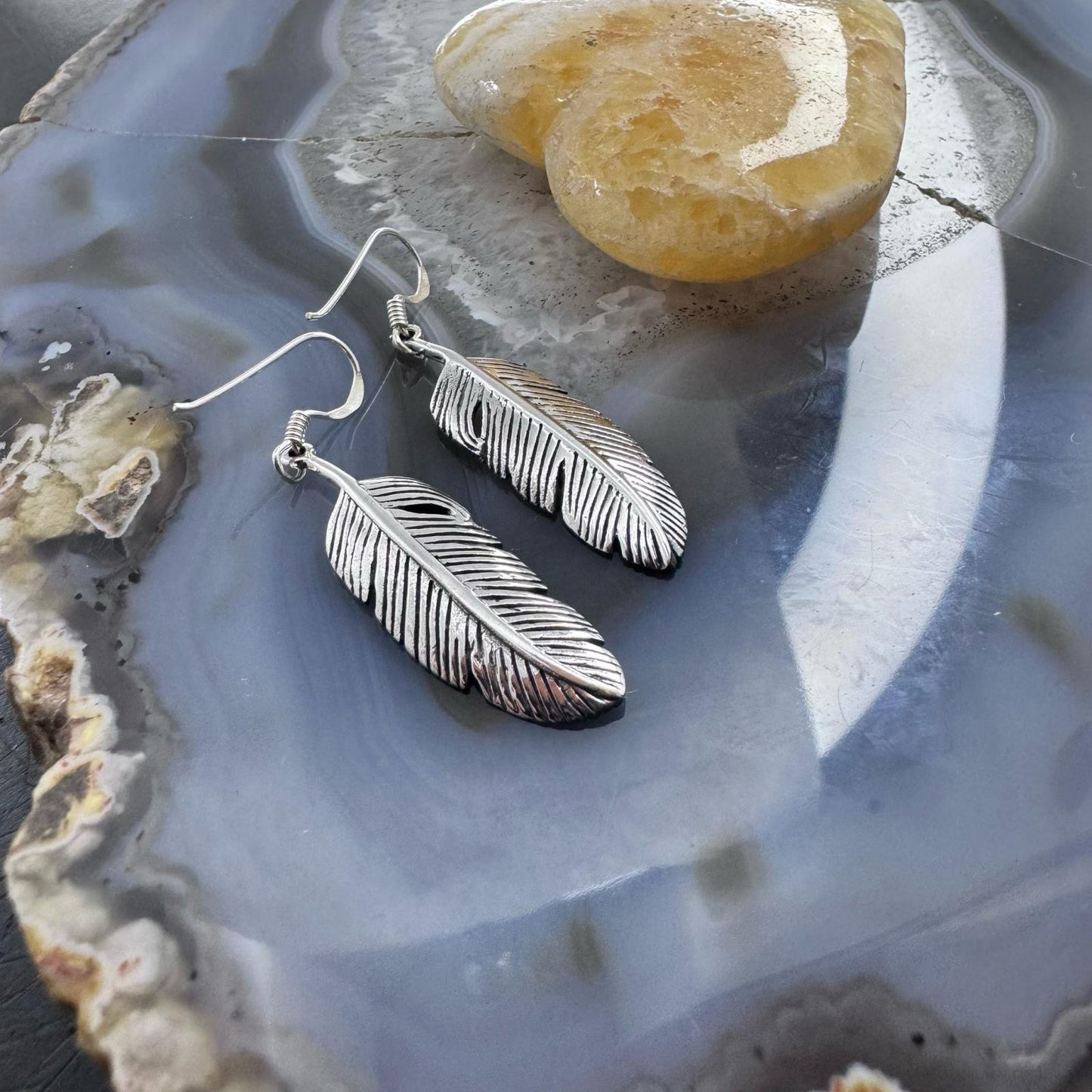 Sterling Silver Southwestern Style Feather Decorated Dangle Earrings For Women