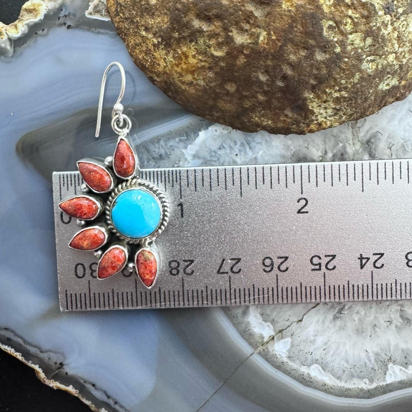 Sterling Silver Southwestern Style Turquoise/Coral Half-flower Cluster Dangle Earrings For Women