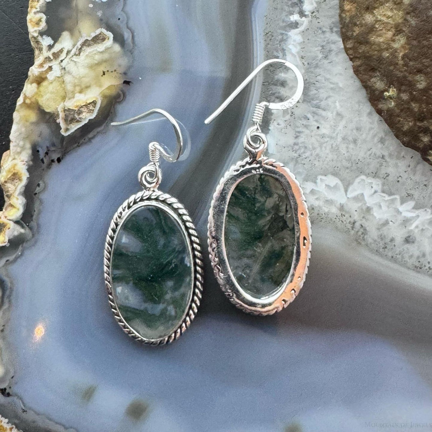 Sterling Silver Southwestern Style Oval Moss Agate Decorated Dangle Earrings For Women