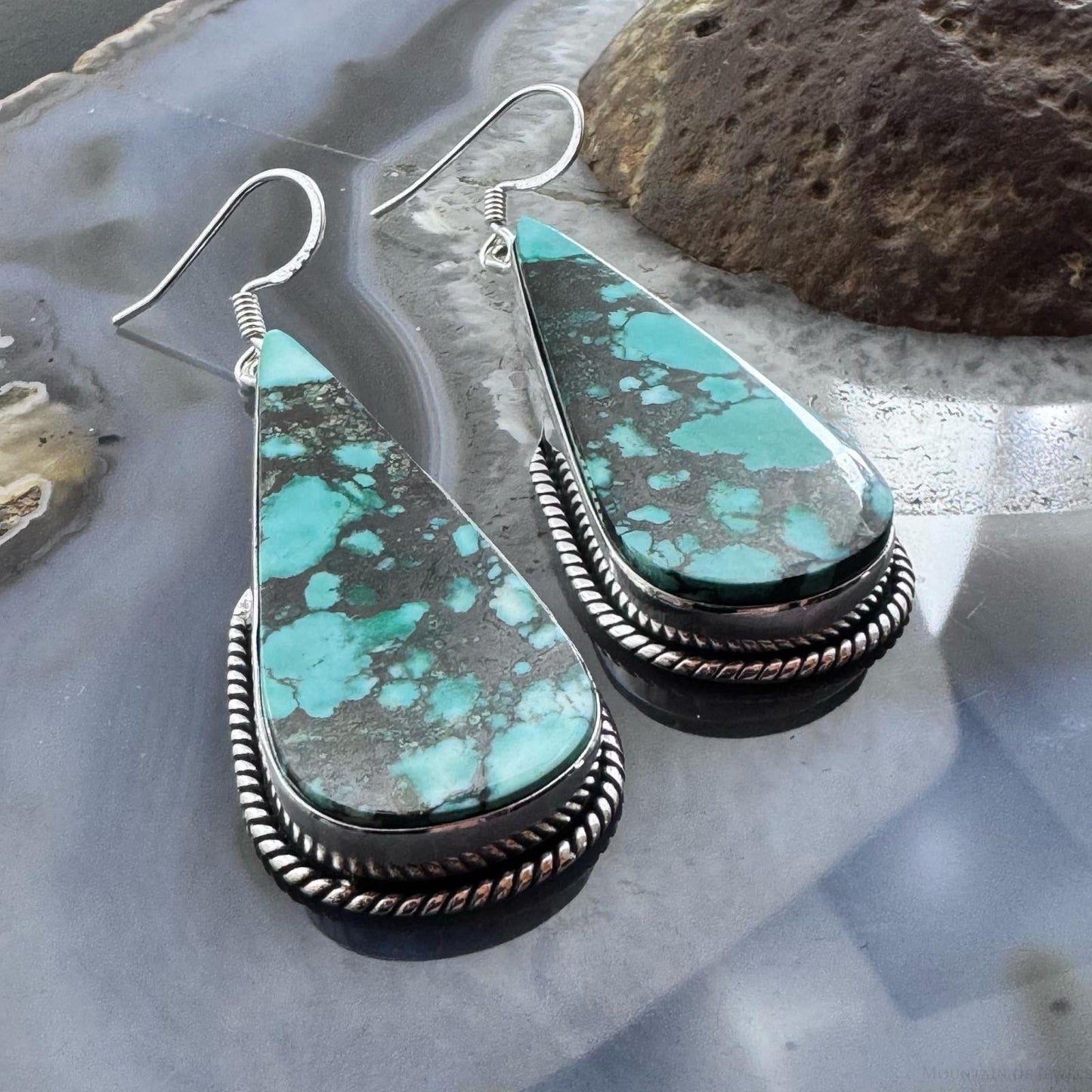 Sterling Silver Southwestern Style Elongated Teardrop Green Turquoise Dangle Earrings For Women