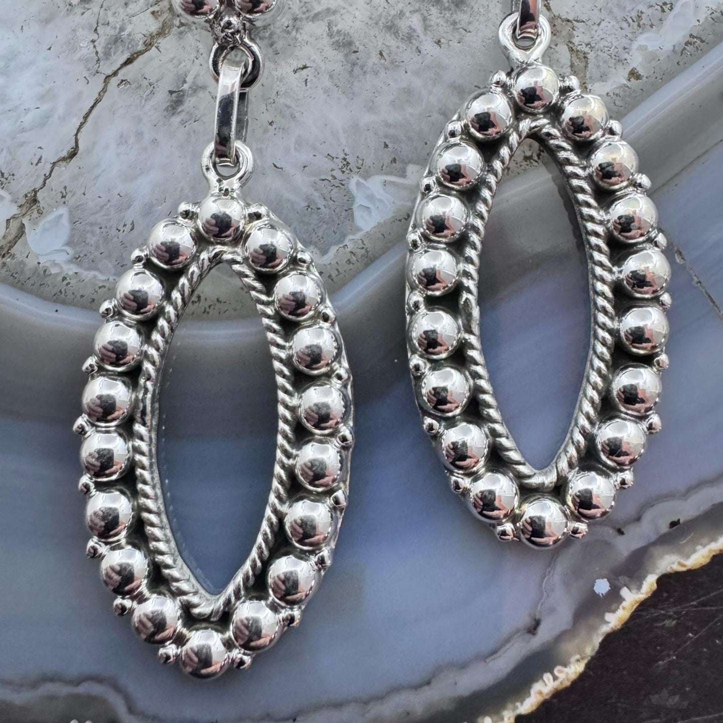 Southwestern Style Sterling Silver Open Oval Decorated Dangle Earrings For Women