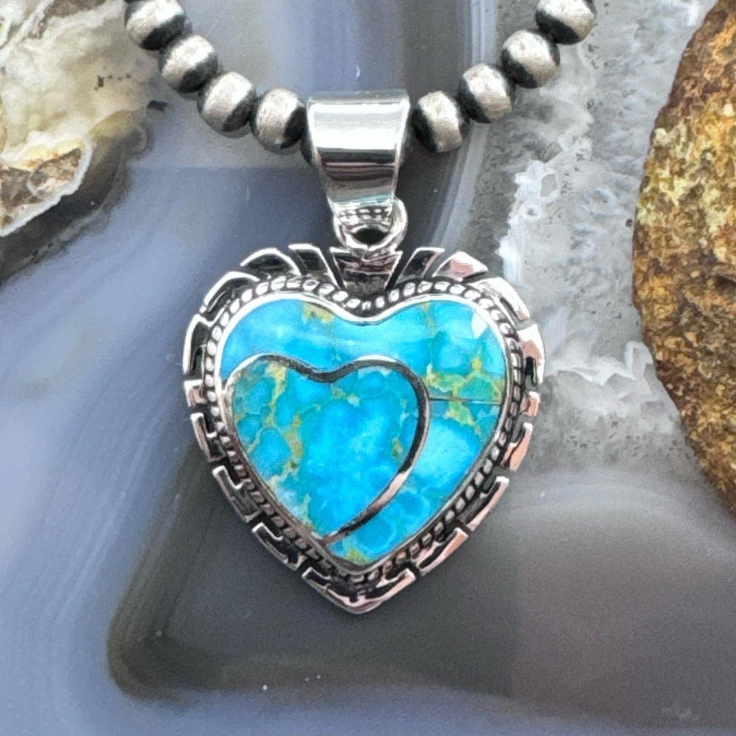 Native American Sterling Silver Blue Ridge Turquoise Double Heart Pendant For Women