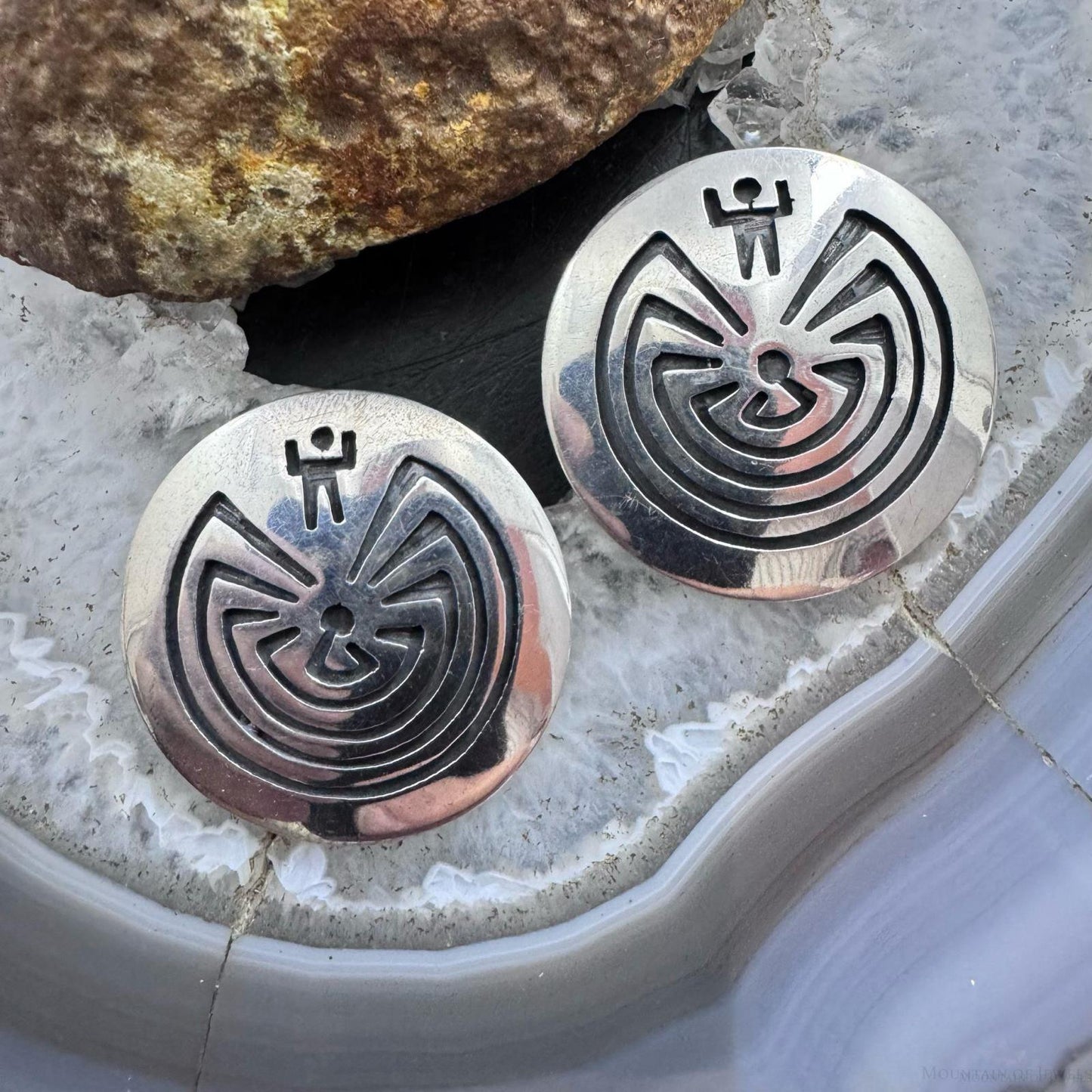 Clement Honie Vintage Native American Sterling Silver Man in the Maze Stud Earrings