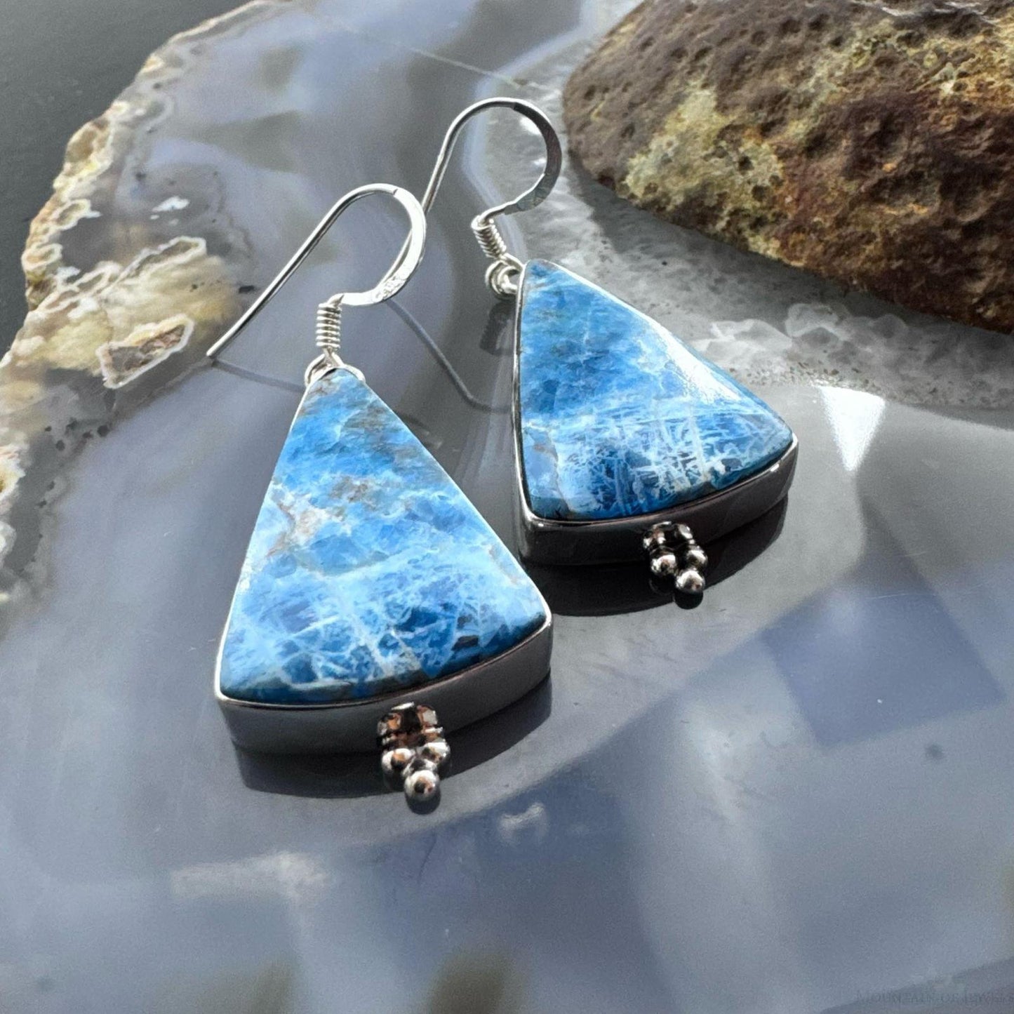 Sterling Silver Southwestern Style Triangle Blue Apatite Dangle Earrings For Women