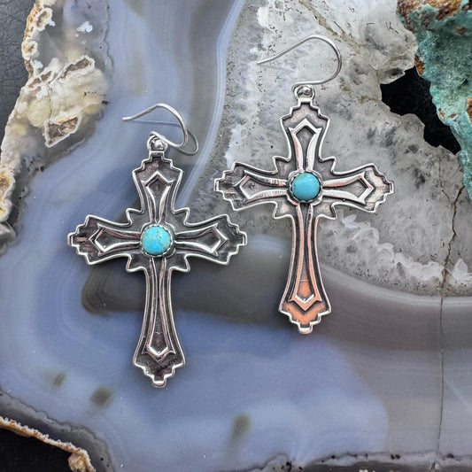 Sterling Silver Southwestern Style Turquoise Cross Dangle Earrings For Women