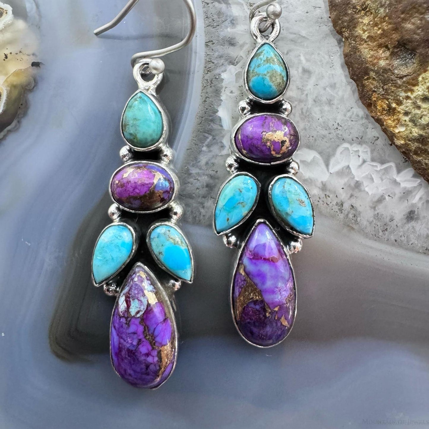 Sterling Silver Southwestern Style Turquoise & Purple Dahlia Dangle Earrings For Women