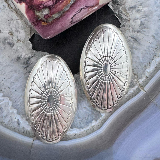 Native American Silver Stamped Flower Oval Post Earrings For Women #2