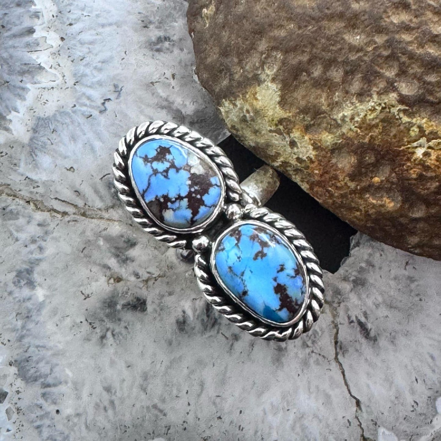 Sterling Silver Southwestern Style 2 Golden Hill Turquoise Ring Size 6 For Women