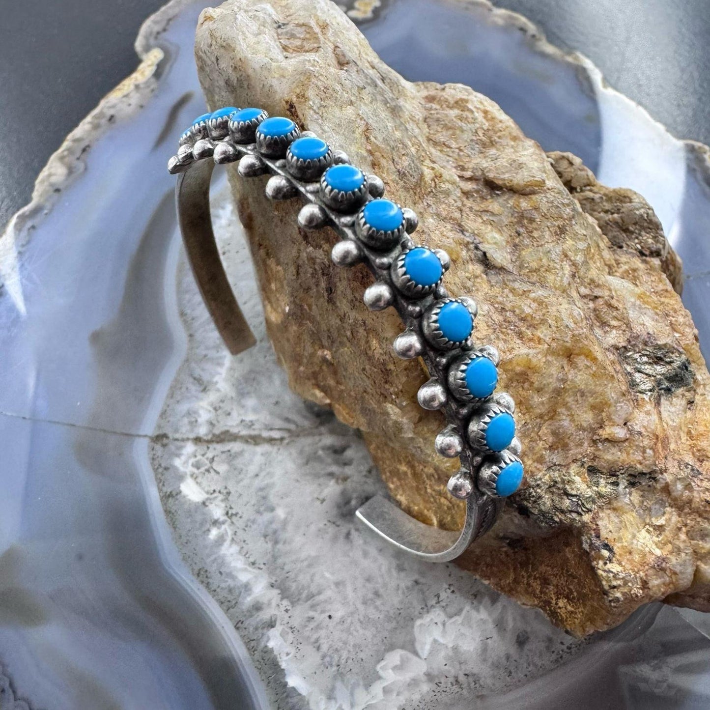 Vintage Native American Sterling Silver Petite Point Turquoise Row Bracelet For Women