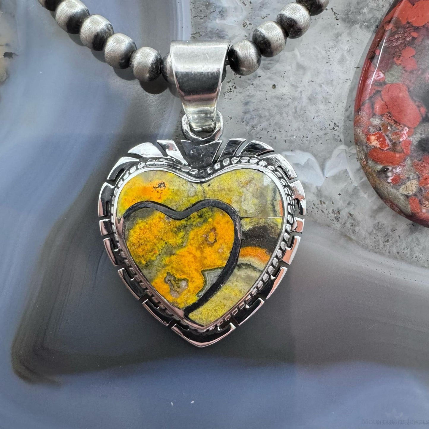 Native American Sterling Silver Bumblebee Jasper Decorated Double Heart Pendant For Women