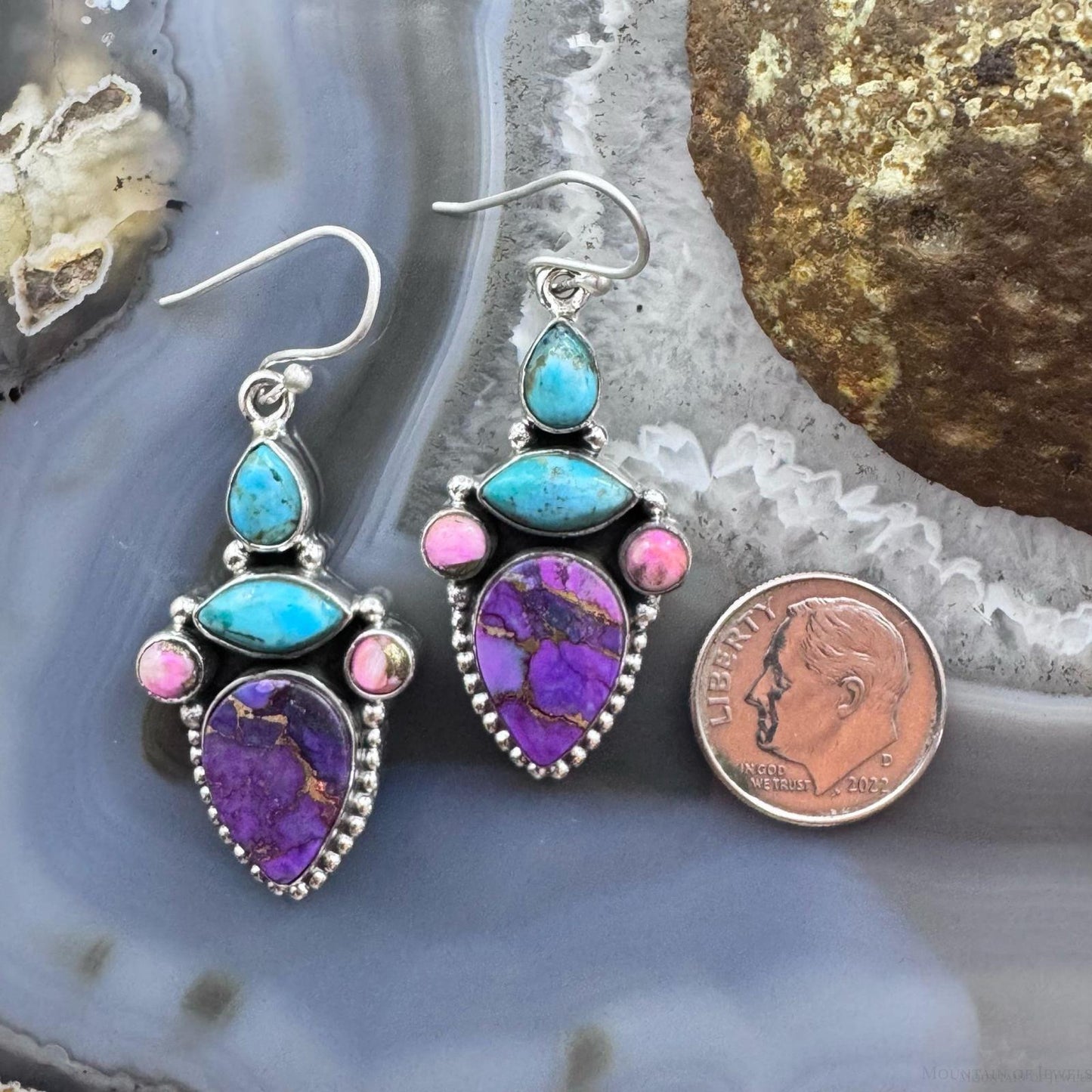 Sterling Silver Southwestern Style Turquoise, Pink & Purple Dahlia Dangle Earrings For Women