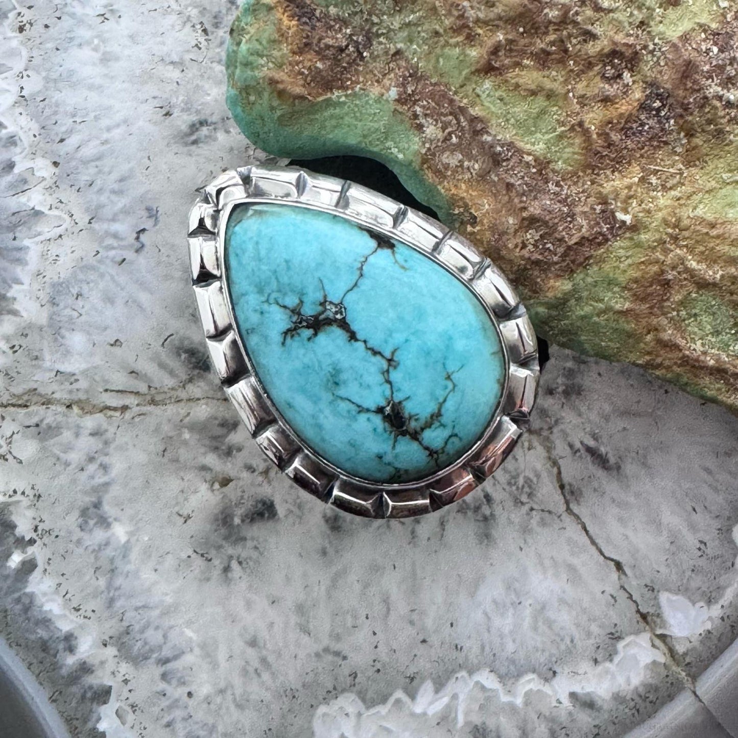 Sterling Silver Southwestern Style Teardrop Tibetan Turquoise Ring Size 7.75 For Women