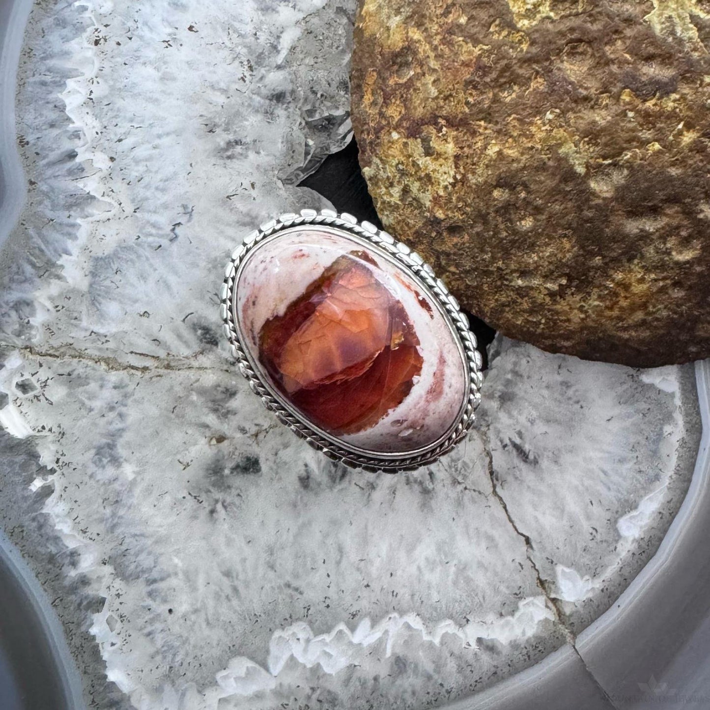 Sterling Silver Southwestern Style Oval Mexican Fire Opal Ring Size 9 For Women