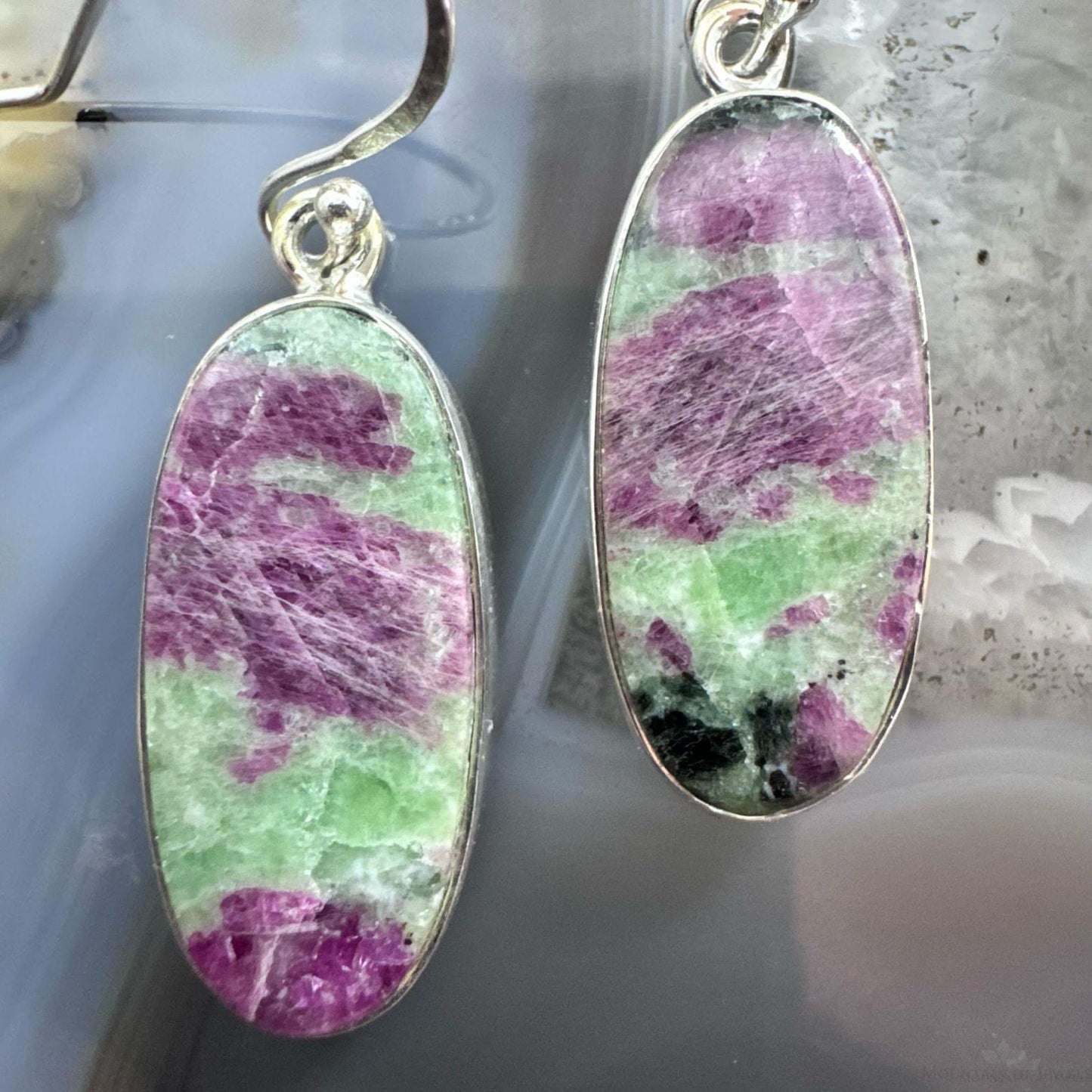 Sterling Silver Southwestern Style Oval Ruby Zoisite Dangle Earrings For Women