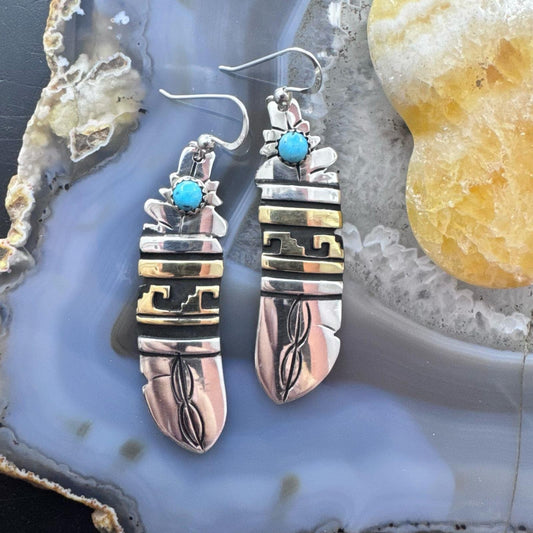 Tommy & Rosita Singer Sterling Silver & Gold Filled Turquoise Dot Feather Dangle Earrings For Women