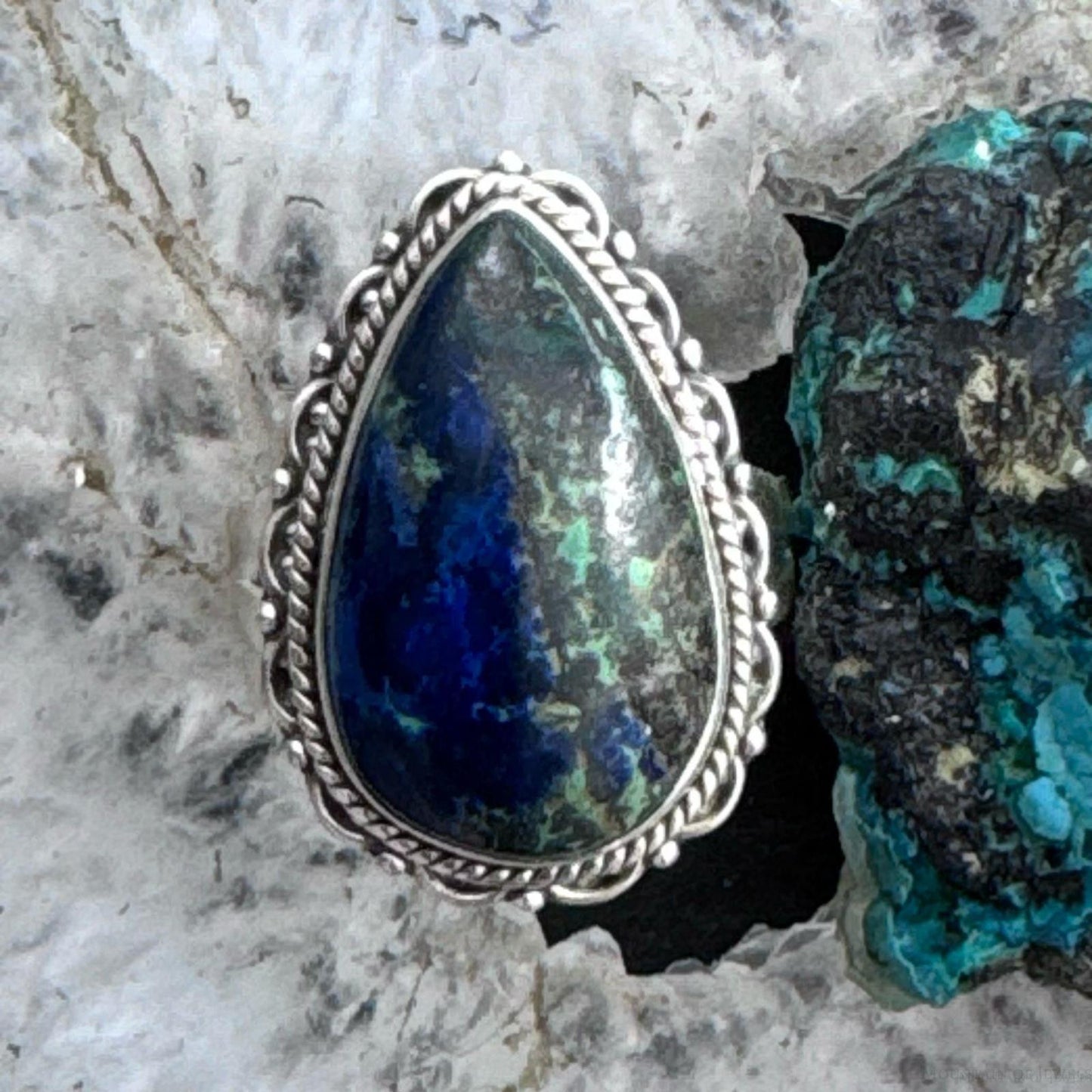 Sterling Silver Southwestern Style Teardrop Malachite Azurite Ring Size 9 For Women