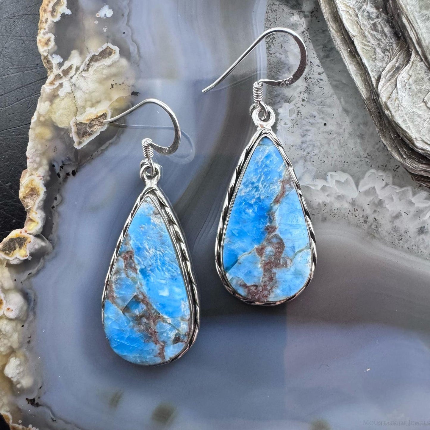 Sterling Silver Southwesten Style Teardrop Blue Apatite Dangle Earrings For Women