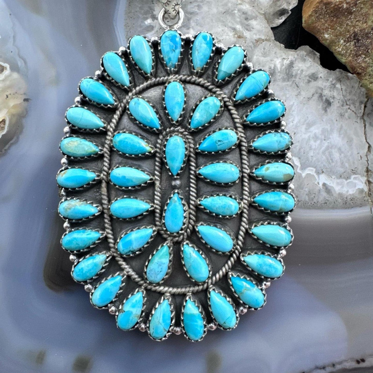 Sterling Silver Southwestern Style Kingman Turquoise Large Cluster Pendant For Women