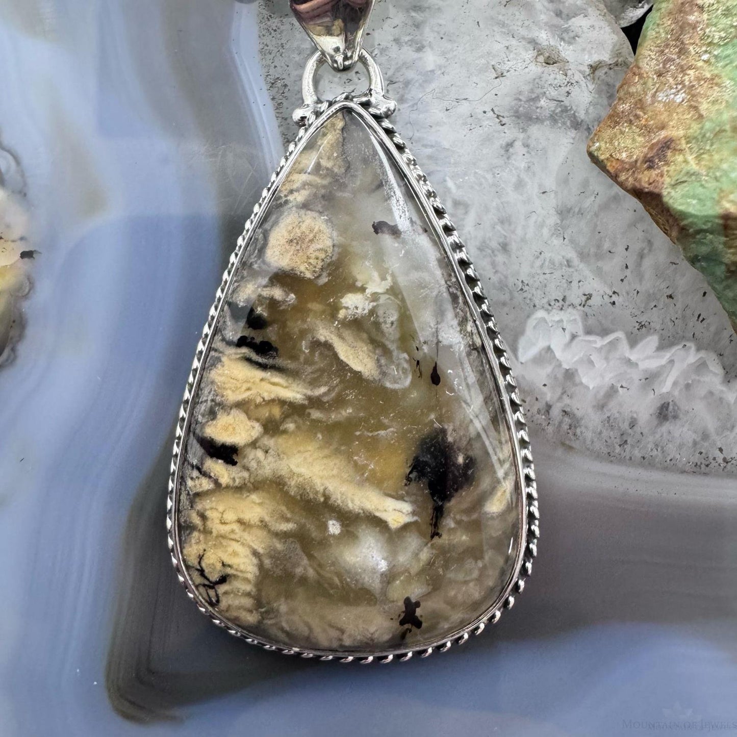 Sterling Silver Southwestern Style Large Teardrop Tiger Dendrite Agate Unisex Pendant