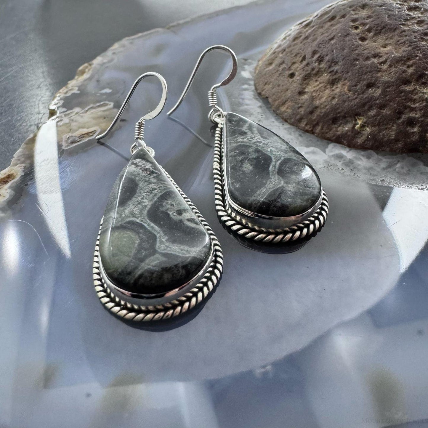 Sterling Silver Southwestern Style Teardrop Kambaba Jasper Dangle Earrings For Women