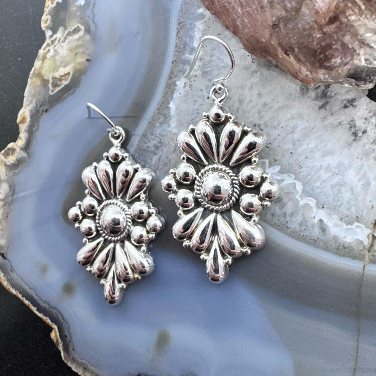 Southwestern Style Sterling Silver Floral Decorated Dangle Earrings For Women