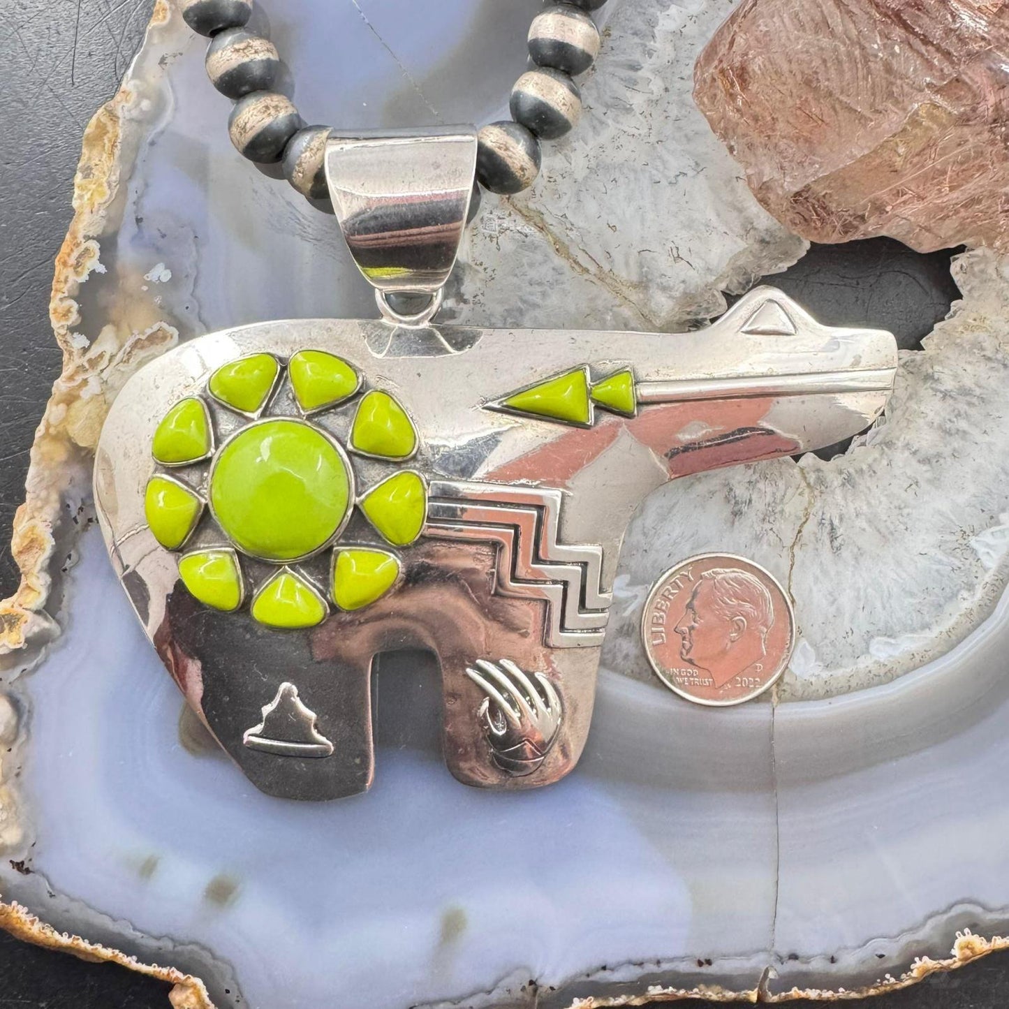 Vintage Native American Signed Sterling Silver Gaspite Fetish Bear Unisex Pendant