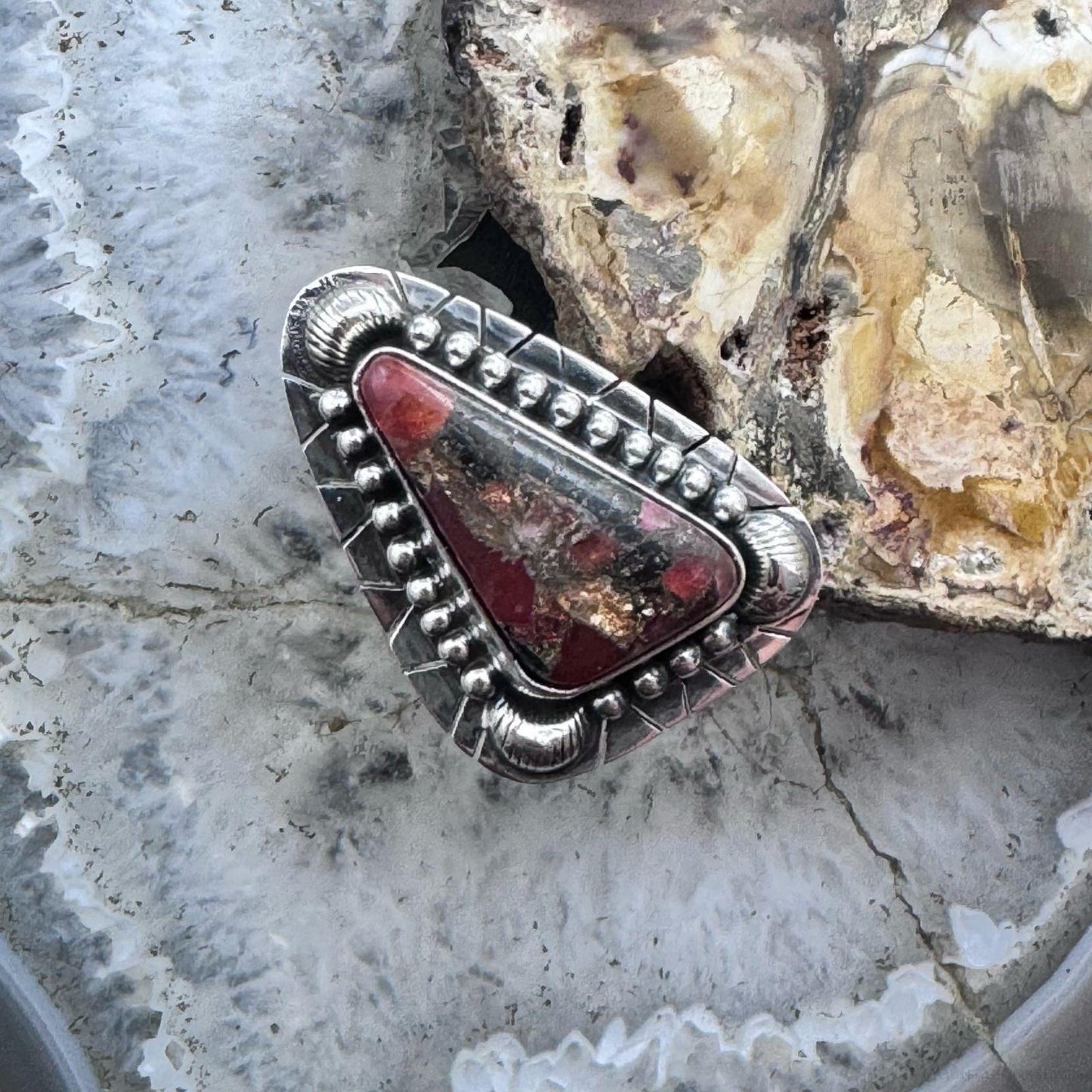 Sterling Silver Southwestern Style Triangle Red Moss Agate Ring Size 10 For Women