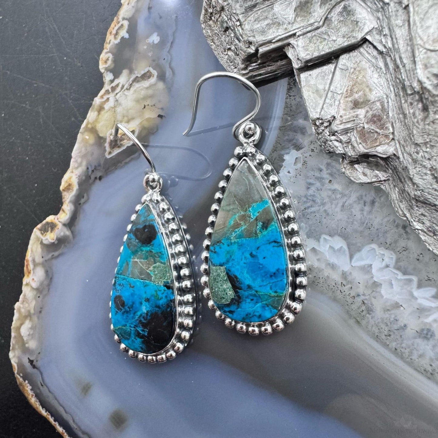 Sterling Silver Southwestern Style Teardrop Shattuckite Dangle Earrings For Women