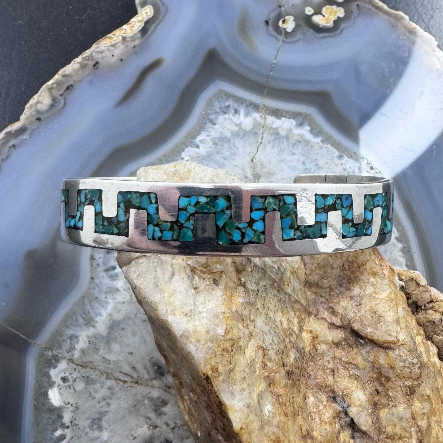 Vintage Native American Sterling Silver Chip inlay Turquoise Bracelet For Women