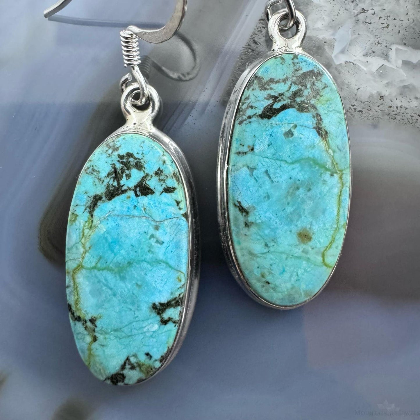 Sterling Silver Southwestern Style Oval Turquoise Dangle Earrings For Women