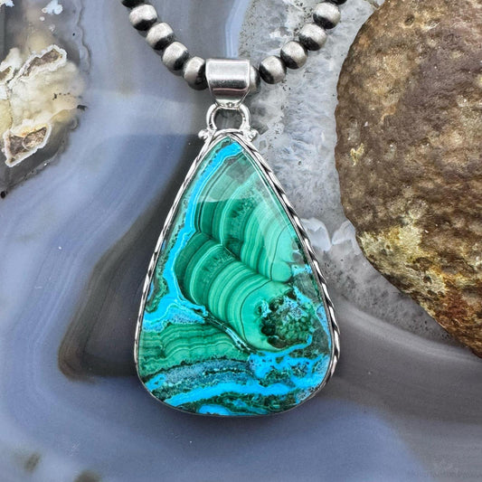 Sterling Silver Southwestern Style Triangle Azurite Malachite Unisex Pendant