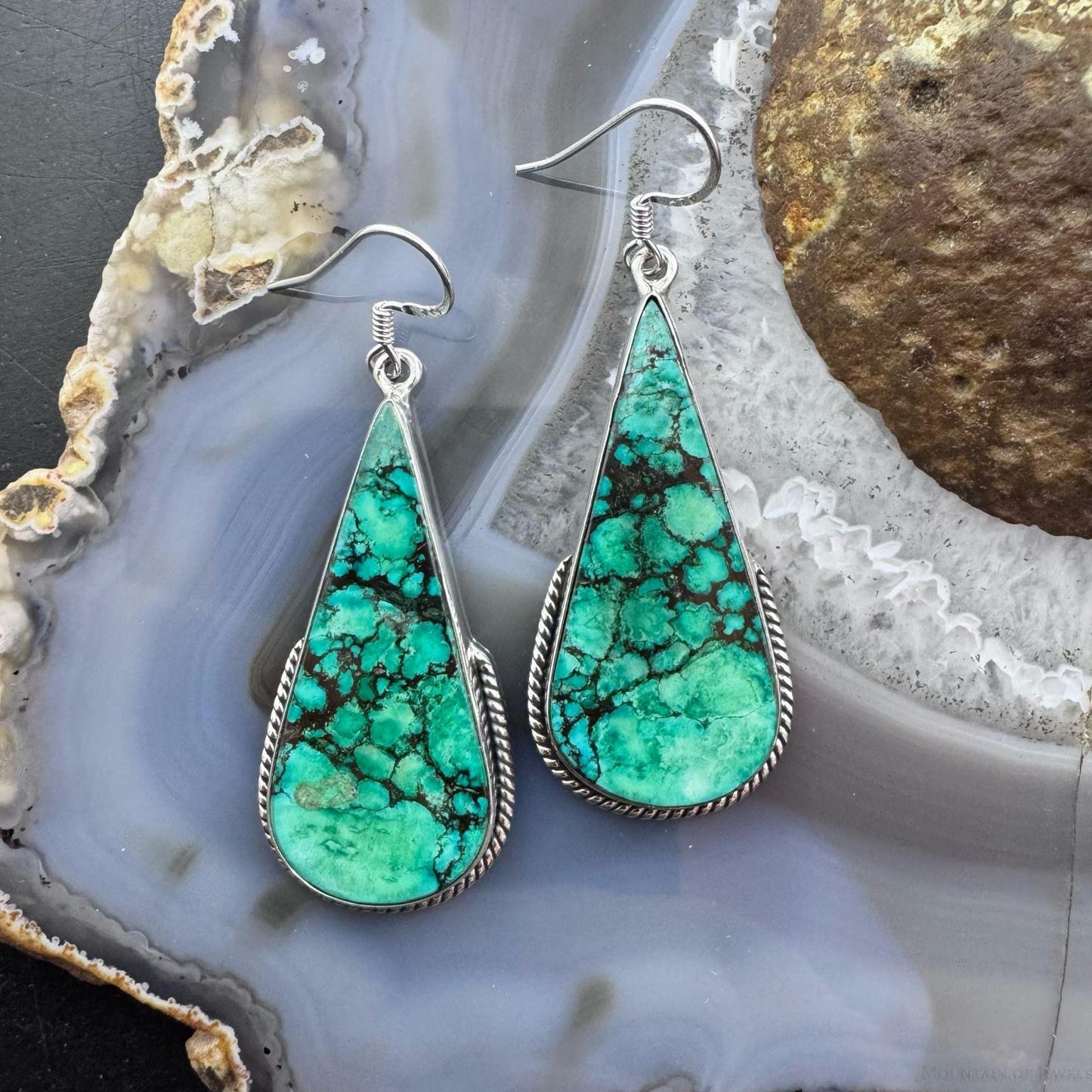 Sterling Silver Southwestern Style Teardrop Turquoise Dangle Earrings For Women