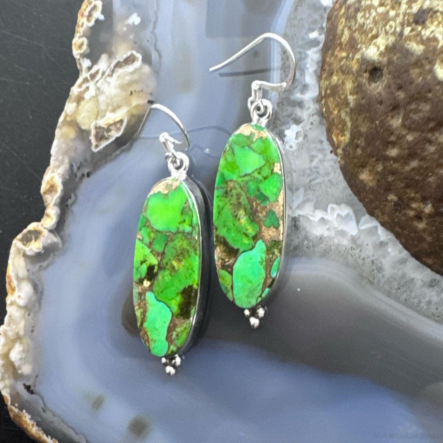 Sterling Silver Southwestern Style Elongated Oval Green Copper Turquoise Dangle Earrings For Women