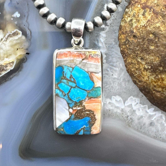 Sterling Silver Southwestern Style Rectangle Mohave Turquoise Pendant For Women