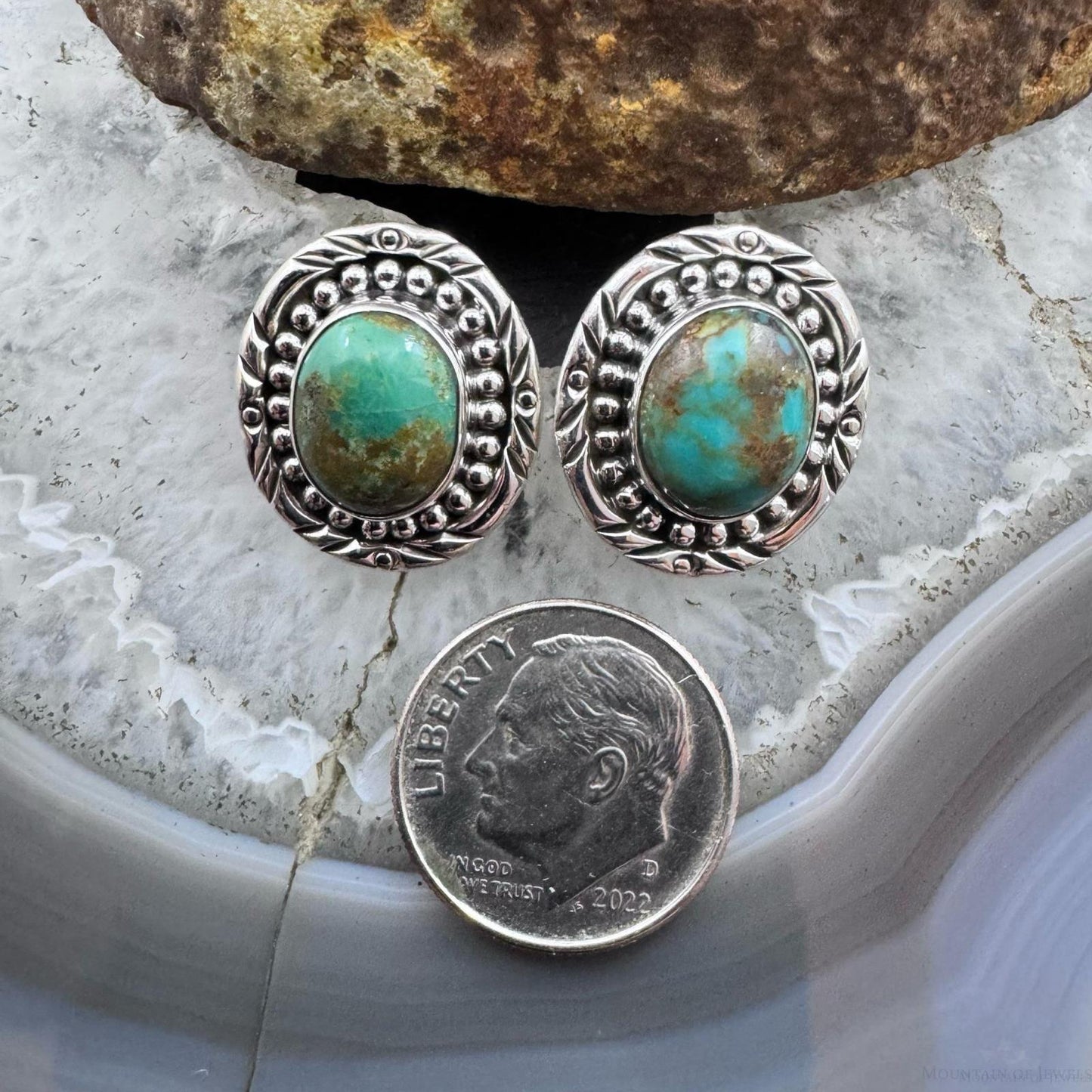 Sterling Silver Southwestern Style Oval Turquoise Decorated Stud Earrings For Women