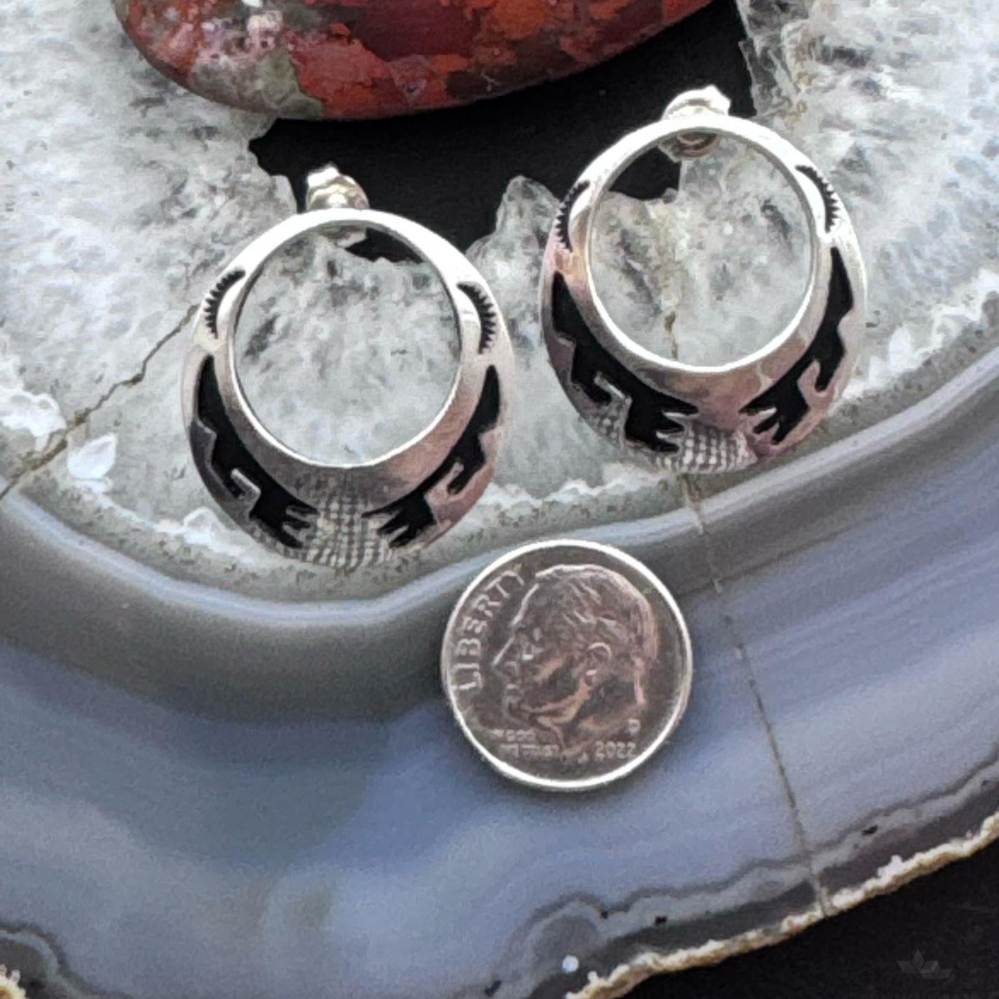 Tommy & Rosita Singer Sterling Silver Overlay Southwestern Motif Hoop Post Earrings For Women