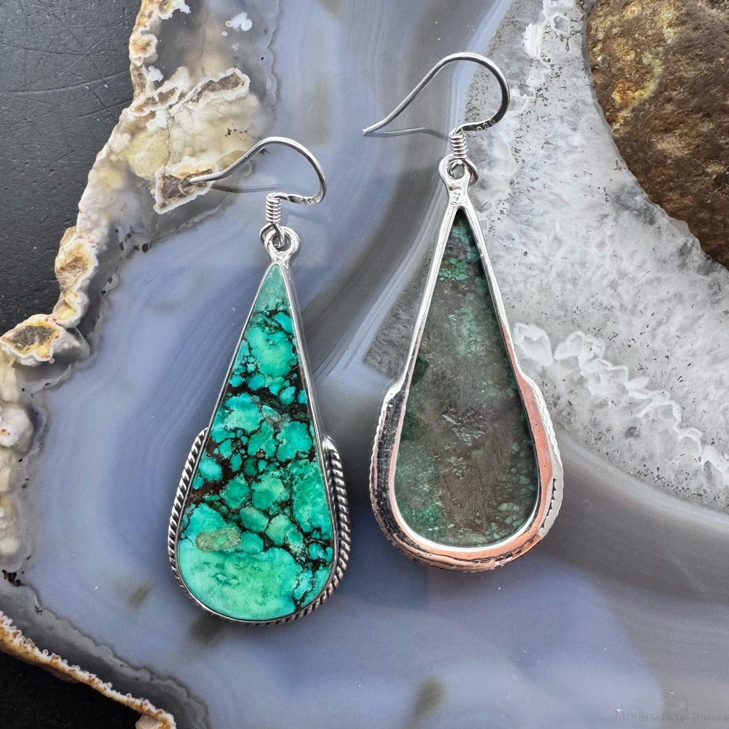 Sterling Silver Southwestern Style Teardrop Turquoise Dangle Earrings For Women